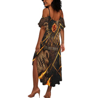 Aten Summer Maxi Dress Ancient Egyptian Cracked Stone Hieroglyph, Solar Eclipse Emblem, and Radiant Sunburst - Wonder Print Shop