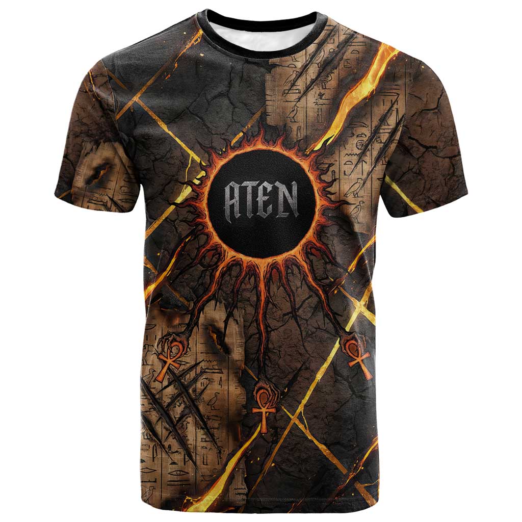 Aten T shirt Ancient Egyptian Cracked Stone Hieroglyph, Solar Eclipse Emblem, and Radiant Sunburst - Wonder Print Shop