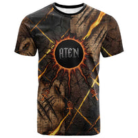 Aten T shirt Ancient Egyptian Cracked Stone Hieroglyph, Solar Eclipse Emblem, and Radiant Sunburst - Wonder Print Shop