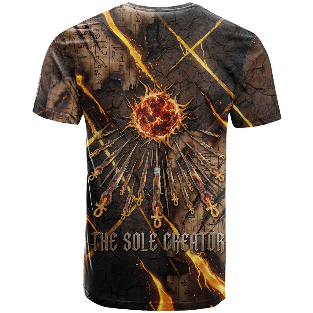 Aten T shirt Ancient Egyptian Cracked Stone Hieroglyph, Solar Eclipse Emblem, and Radiant Sunburst - Wonder Print Shop