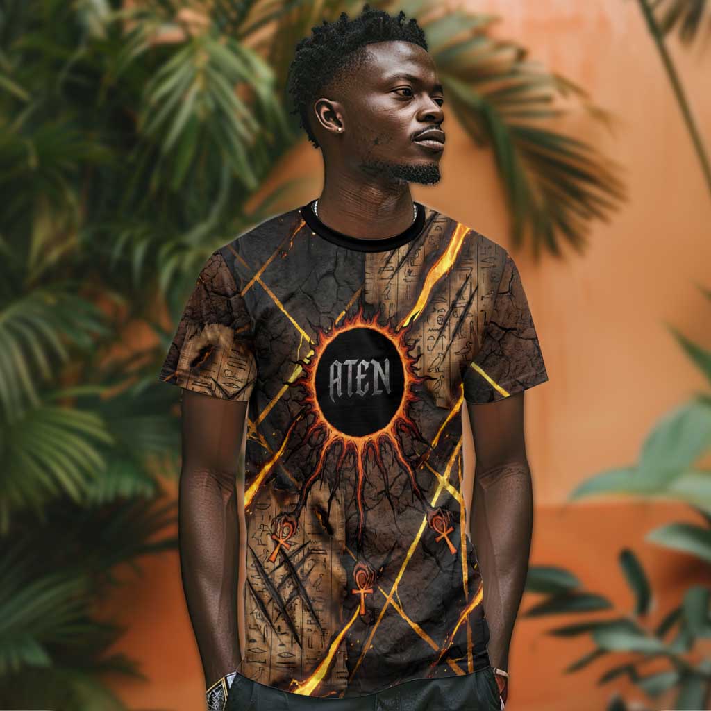 Aten T shirt Ancient Egyptian Cracked Stone Hieroglyph, Solar Eclipse Emblem, and Radiant Sunburst - Wonder Print Shop