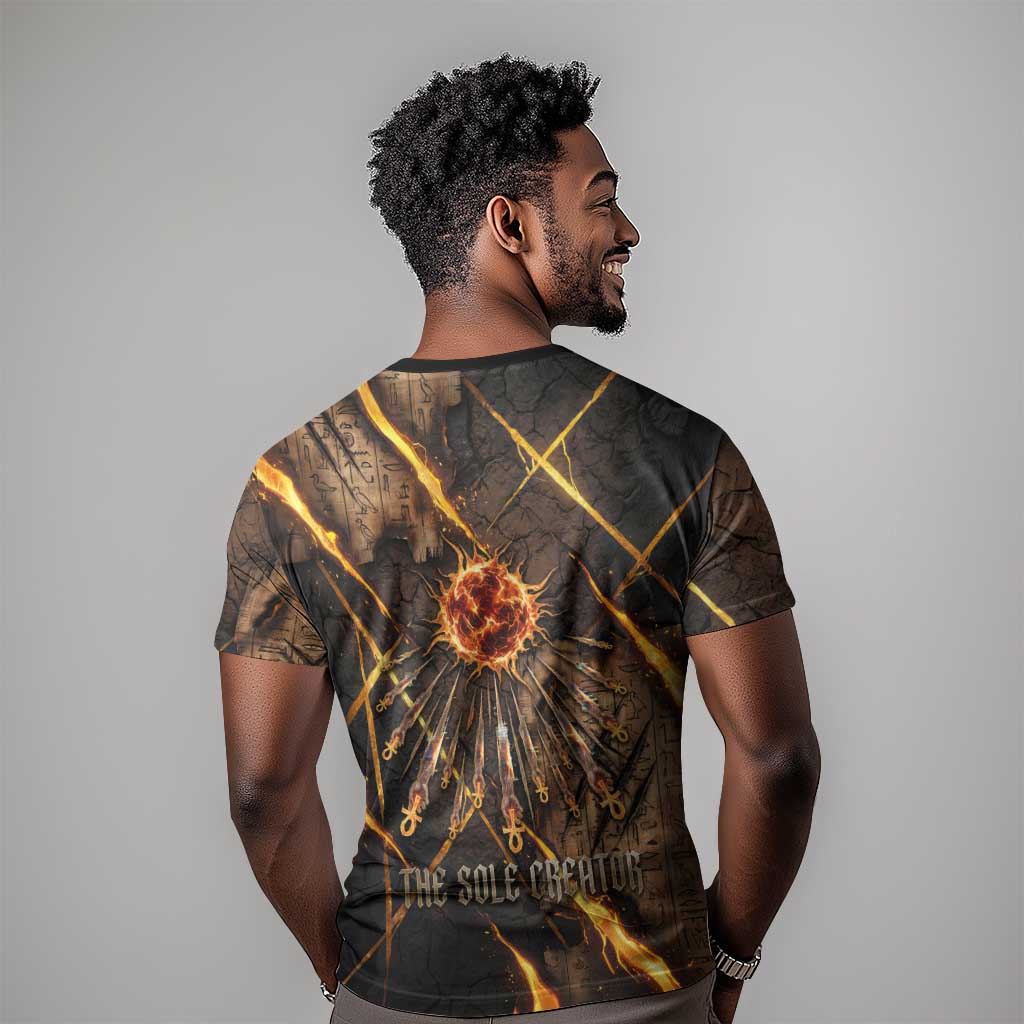 Aten T shirt Ancient Egyptian Cracked Stone Hieroglyph, Solar Eclipse Emblem, and Radiant Sunburst - Wonder Print Shop
