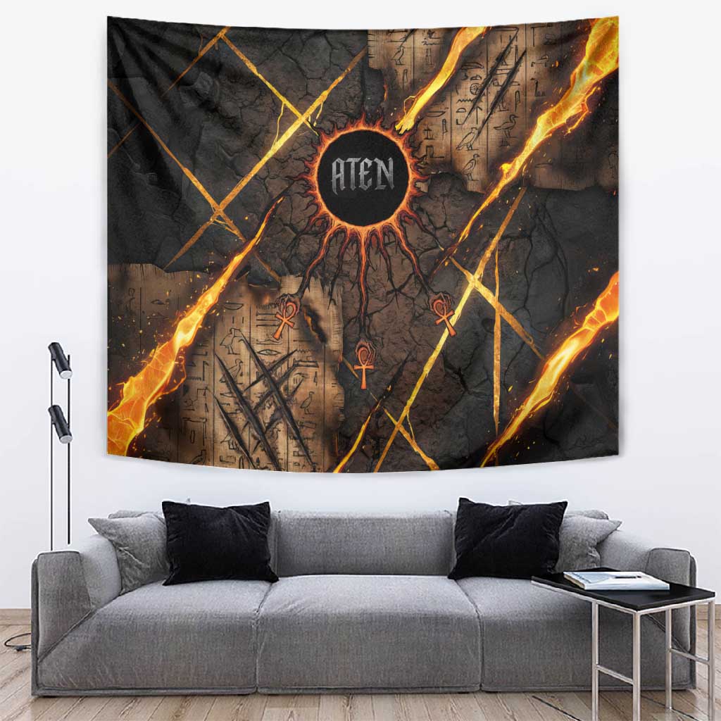 Aten Tapestry Ancient Egyptian Cracked Stone Hieroglyph, Solar Eclipse Emblem, and Radiant Sunburst - Wonder Print Shop