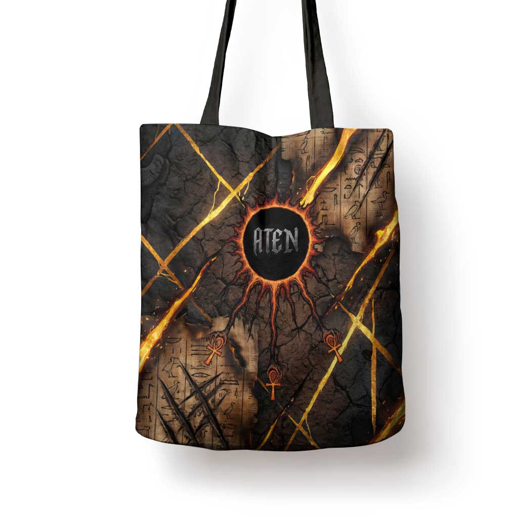 Aten Tote Bag Ancient Egyptian Cracked Stone Hieroglyph, Solar Eclipse Emblem, and Radiant Sunburst - Wonder Print Shop