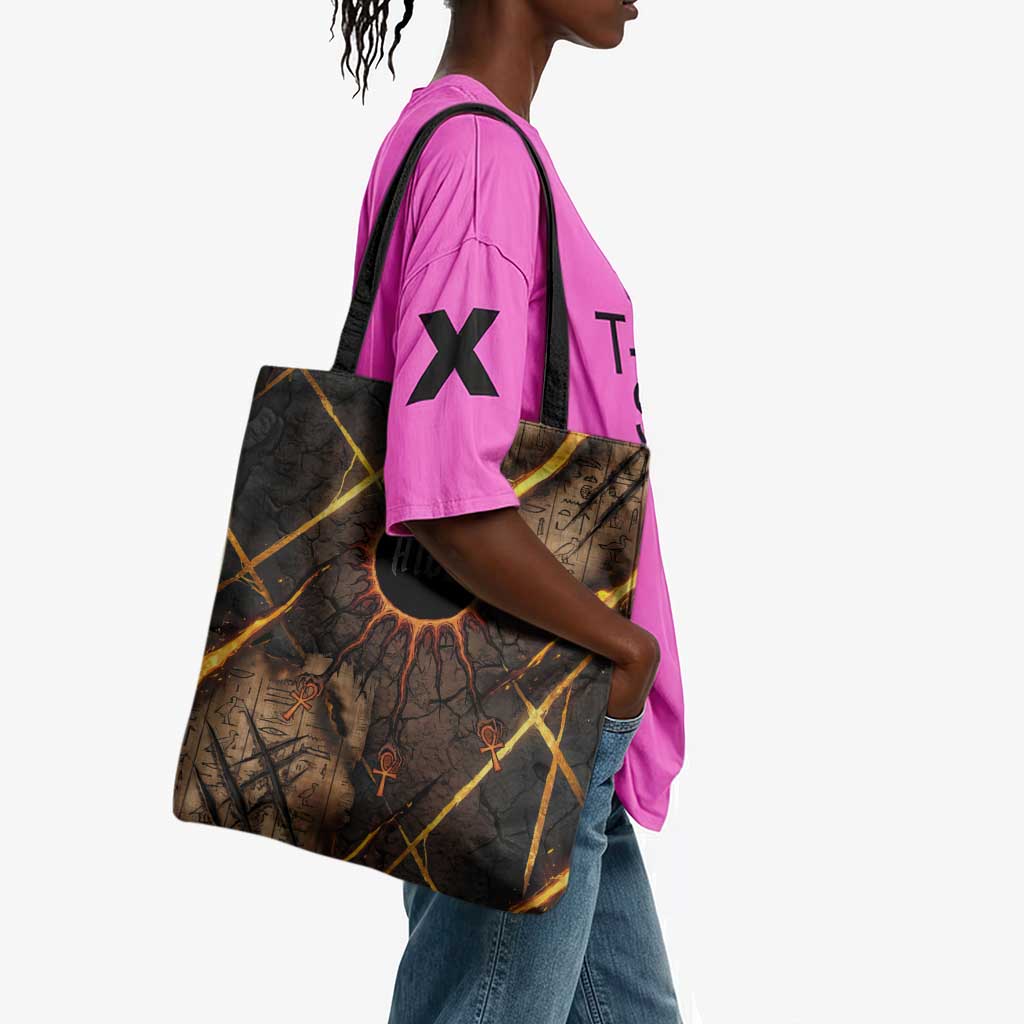 Aten Tote Bag Ancient Egyptian Cracked Stone Hieroglyph, Solar Eclipse Emblem, and Radiant Sunburst - Wonder Print Shop