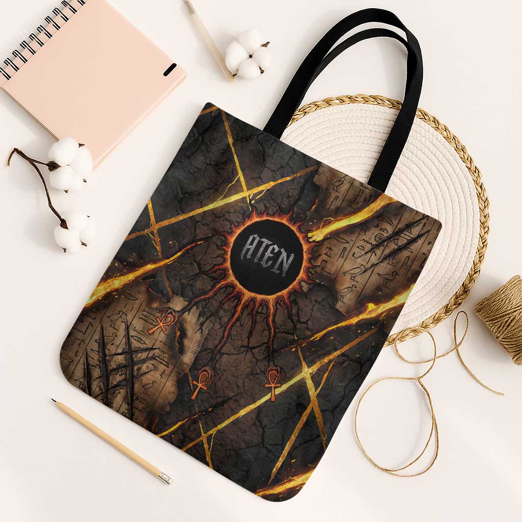 Aten Tote Bag Ancient Egyptian Cracked Stone Hieroglyph, Solar Eclipse Emblem, and Radiant Sunburst - Wonder Print Shop