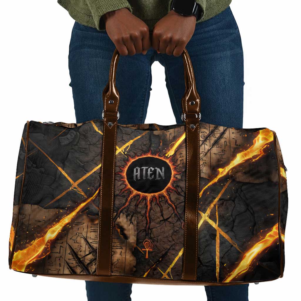 Aten Travel Bag Ancient Egyptian Cracked Stone Hieroglyph, Solar Eclipse Emblem, and Radiant Sunburst - Wonder Print Shop