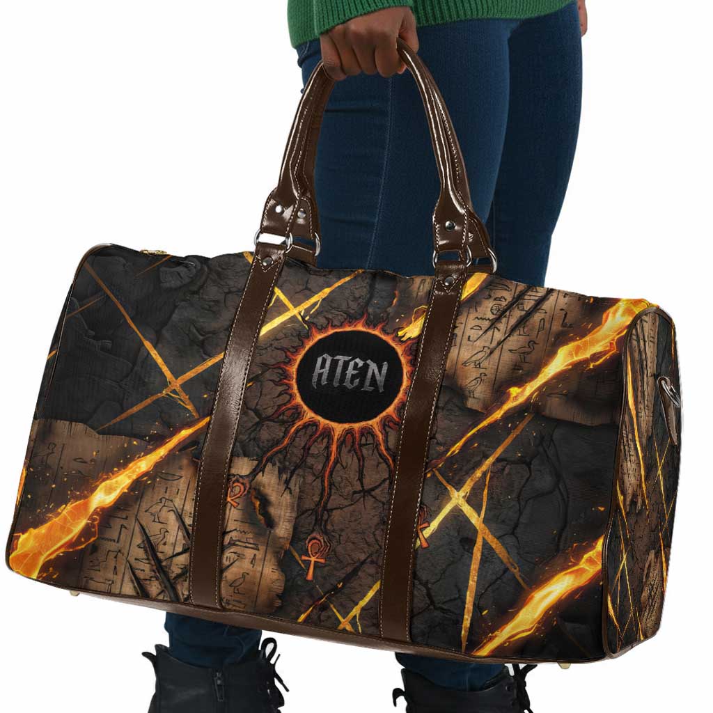 Aten Travel Bag Ancient Egyptian Cracked Stone Hieroglyph, Solar Eclipse Emblem, and Radiant Sunburst - Wonder Print Shop
