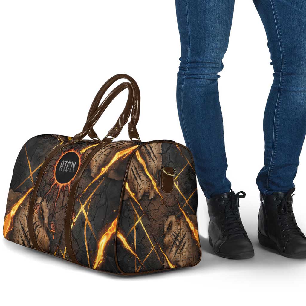 Aten Travel Bag Ancient Egyptian Cracked Stone Hieroglyph, Solar Eclipse Emblem, and Radiant Sunburst - Wonder Print Shop