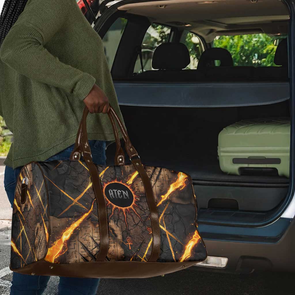 Aten Travel Bag Ancient Egyptian Cracked Stone Hieroglyph, Solar Eclipse Emblem, and Radiant Sunburst - Wonder Print Shop