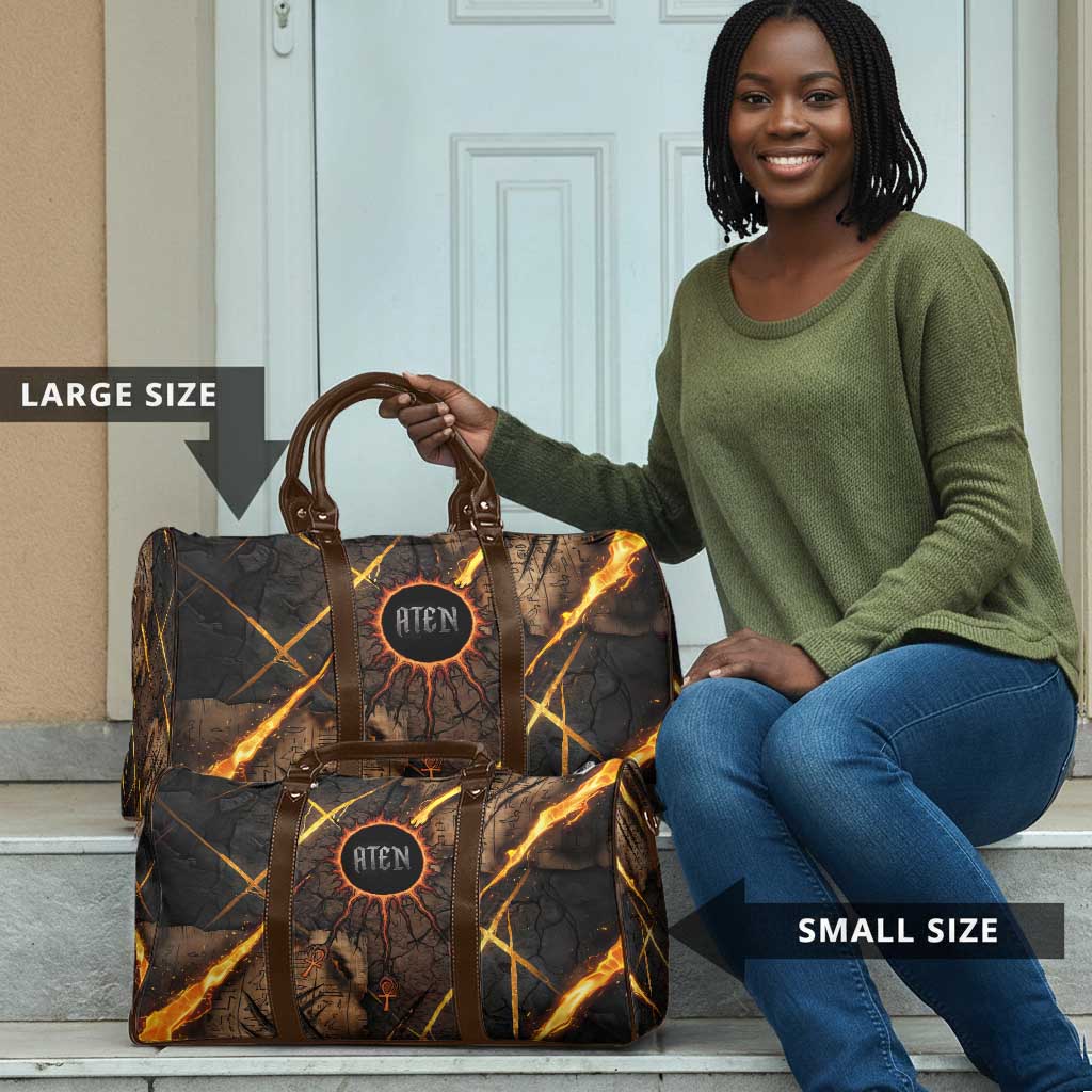 Aten Travel Bag Ancient Egyptian Cracked Stone Hieroglyph, Solar Eclipse Emblem, and Radiant Sunburst - Wonder Print Shop