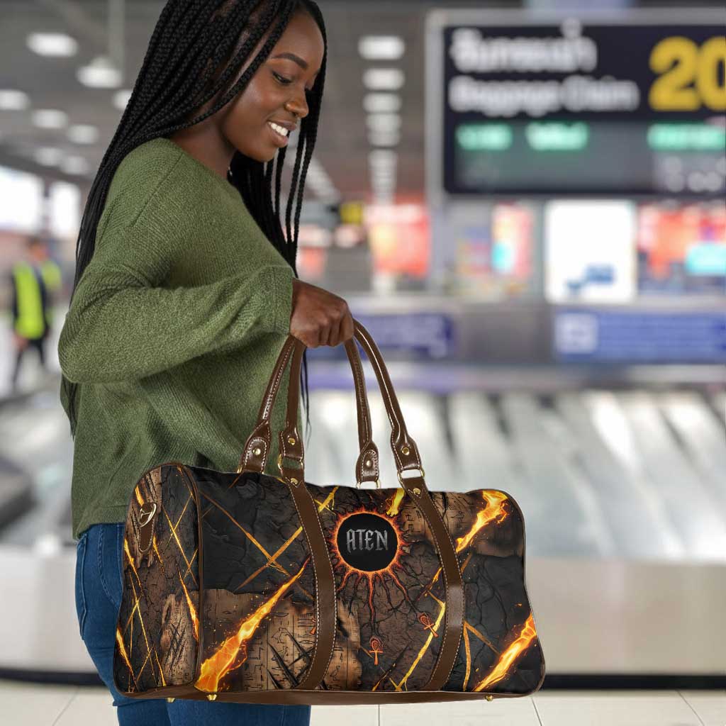 Aten Travel Bag Ancient Egyptian Cracked Stone Hieroglyph, Solar Eclipse Emblem, and Radiant Sunburst - Wonder Print Shop