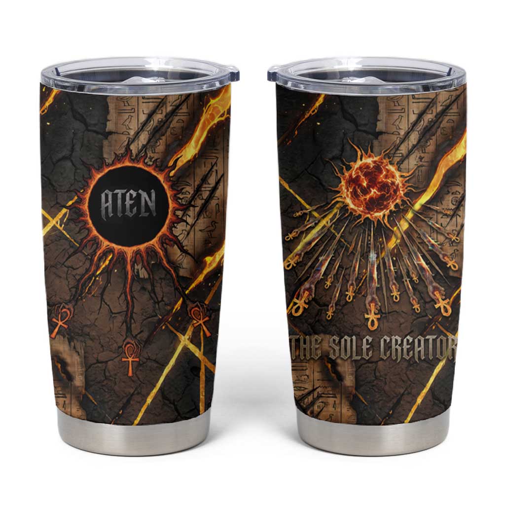 Aten Tumbler Cup Ancient Egyptian Cracked Stone Hieroglyph, Solar Eclipse Emblem, and Radiant Sunburst - Wonder Print Shop