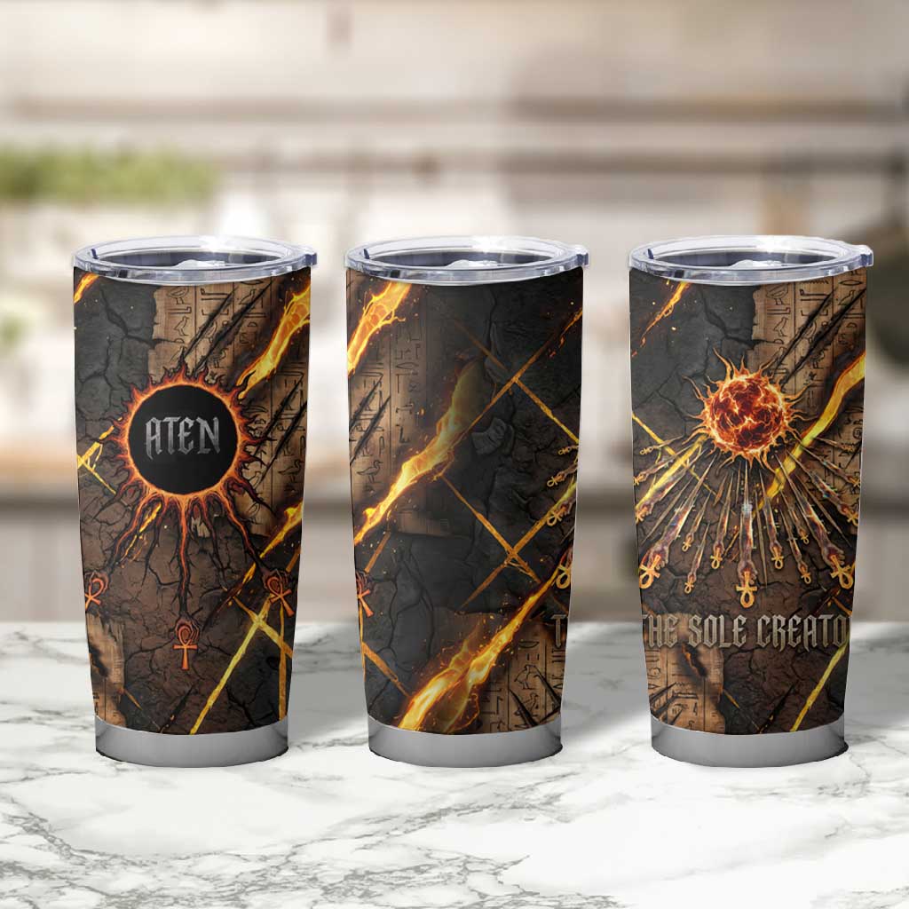 Aten Tumbler Cup Ancient Egyptian Cracked Stone Hieroglyph, Solar Eclipse Emblem, and Radiant Sunburst - Wonder Print Shop