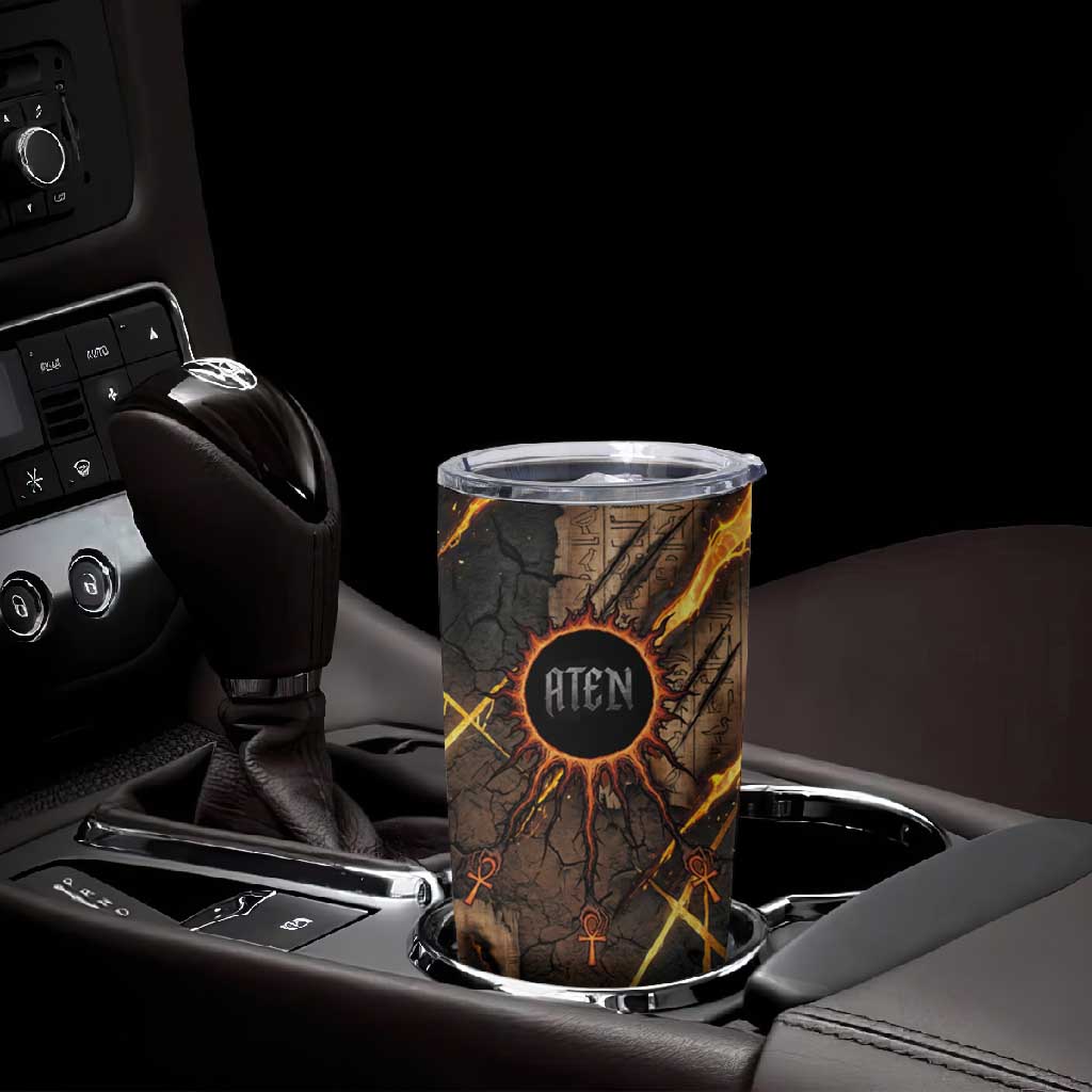 Aten Tumbler Cup Ancient Egyptian Cracked Stone Hieroglyph, Solar Eclipse Emblem, and Radiant Sunburst - Wonder Print Shop