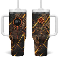 Aten Tumbler With Handle Ancient Egyptian Cracked Stone Hieroglyph, Solar Eclipse Emblem, and Radiant Sunburst - Wonder Print Shop