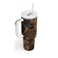 Aten Tumbler With Handle Ancient Egyptian Cracked Stone Hieroglyph, Solar Eclipse Emblem, and Radiant Sunburst - Wonder Print Shop