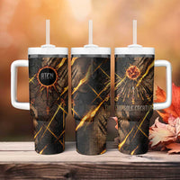 Aten Tumbler With Handle Ancient Egyptian Cracked Stone Hieroglyph, Solar Eclipse Emblem, and Radiant Sunburst - Wonder Print Shop
