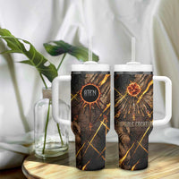 Aten Tumbler With Handle Ancient Egyptian Cracked Stone Hieroglyph, Solar Eclipse Emblem, and Radiant Sunburst - Wonder Print Shop