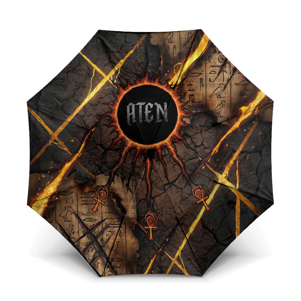 Aten Umbrella Ancient Egyptian Cracked Stone Hieroglyph, Solar Eclipse Emblem, and Radiant Sunburst - Wonder Print Shop