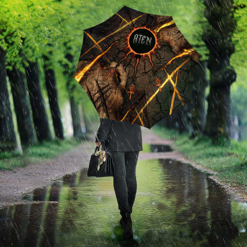 Aten Umbrella Ancient Egyptian Cracked Stone Hieroglyph, Solar Eclipse Emblem, and Radiant Sunburst - Wonder Print Shop