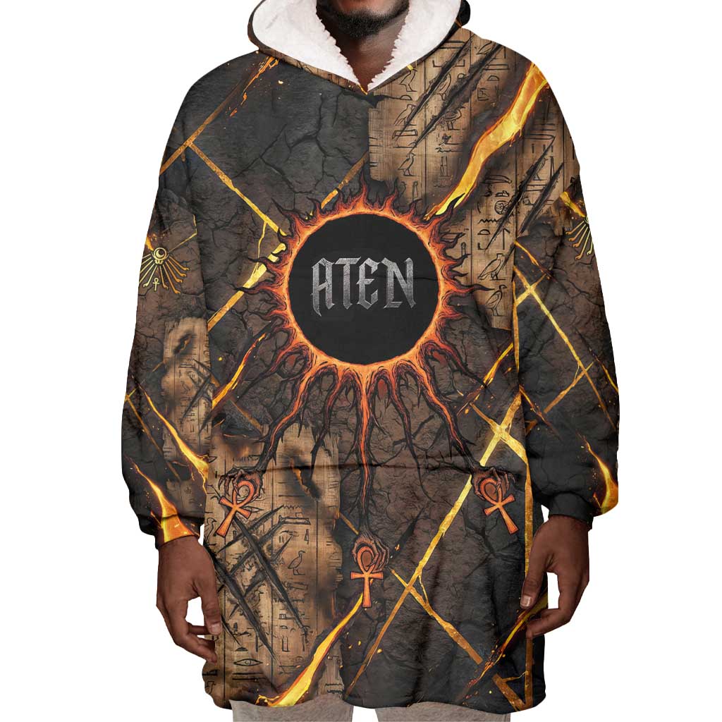 Aten Wearable Blanket Hoodie Ancient Egyptian Cracked Stone Hieroglyph, Solar Eclipse Emblem, and Radiant Sunburst - Wonder Print Shop