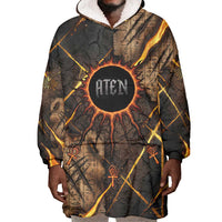 Aten Wearable Blanket Hoodie Ancient Egyptian Cracked Stone Hieroglyph, Solar Eclipse Emblem, and Radiant Sunburst - Wonder Print Shop