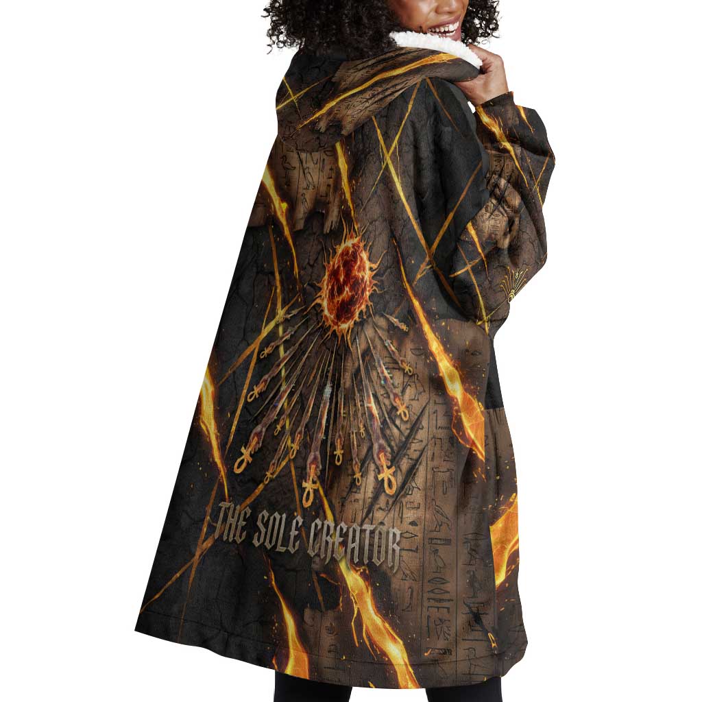 Aten Wearable Blanket Hoodie Ancient Egyptian Cracked Stone Hieroglyph, Solar Eclipse Emblem, and Radiant Sunburst - Wonder Print Shop