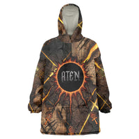 Aten Wearable Blanket Hoodie Ancient Egyptian Cracked Stone Hieroglyph, Solar Eclipse Emblem, and Radiant Sunburst - Wonder Print Shop