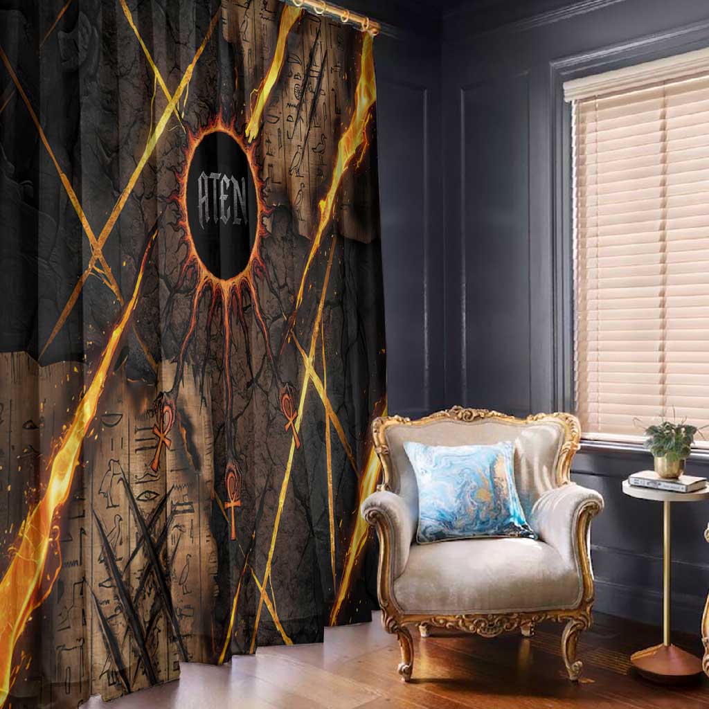 Aten Window Curtain Ancient Egyptian Cracked Stone Hieroglyph, Solar Eclipse Emblem, and Radiant Sunburst - Wonder Print Shop