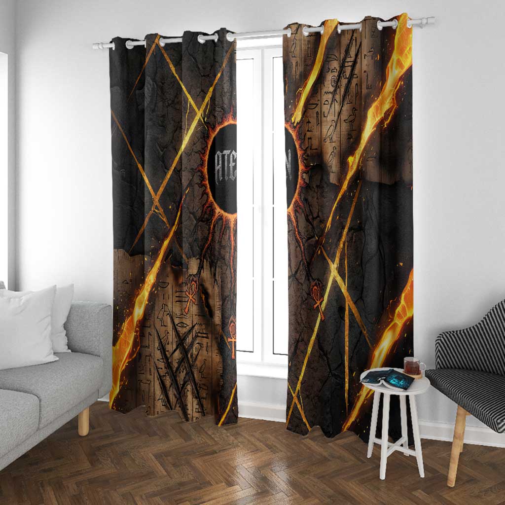 Aten Window Curtain Ancient Egyptian Cracked Stone Hieroglyph, Solar Eclipse Emblem, and Radiant Sunburst - Wonder Print Shop
