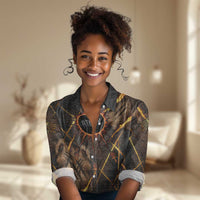 Aten Women Casual Shirt Ancient Egyptian Cracked Stone Hieroglyph, Solar Eclipse Emblem, and Radiant Sunburst - Wonder Print Shop