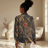 Aten Women Casual Shirt Ancient Egyptian Cracked Stone Hieroglyph, Solar Eclipse Emblem, and Radiant Sunburst - Wonder Print Shop