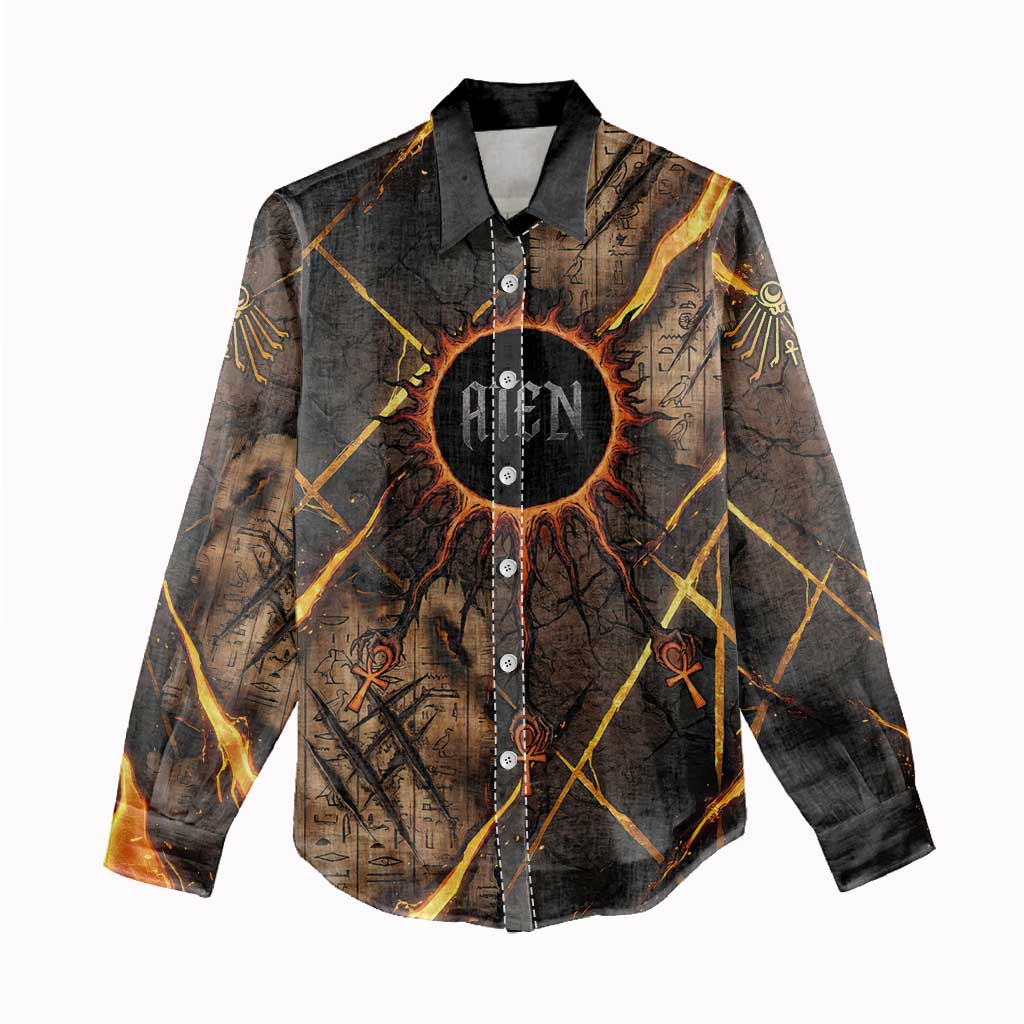Aten Women Casual Shirt Ancient Egyptian Cracked Stone Hieroglyph, Solar Eclipse Emblem, and Radiant Sunburst - Wonder Print Shop