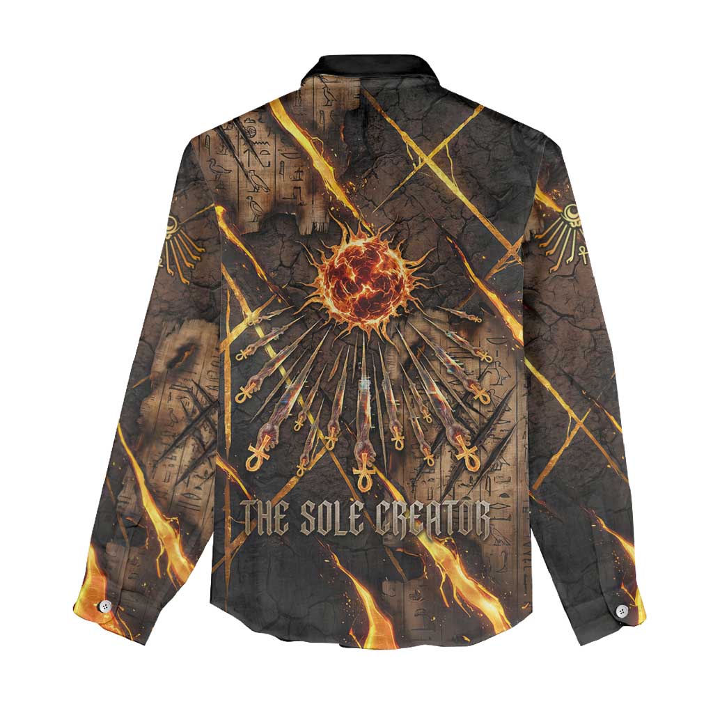 Aten Women Casual Shirt Ancient Egyptian Cracked Stone Hieroglyph, Solar Eclipse Emblem, and Radiant Sunburst - Wonder Print Shop