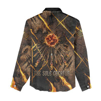 Aten Women Casual Shirt Ancient Egyptian Cracked Stone Hieroglyph, Solar Eclipse Emblem, and Radiant Sunburst - Wonder Print Shop