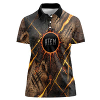 Aten Women Polo Shirt Ancient Egyptian Cracked Stone Hieroglyph, Solar Eclipse Emblem, and Radiant Sunburst - Wonder Print Shop