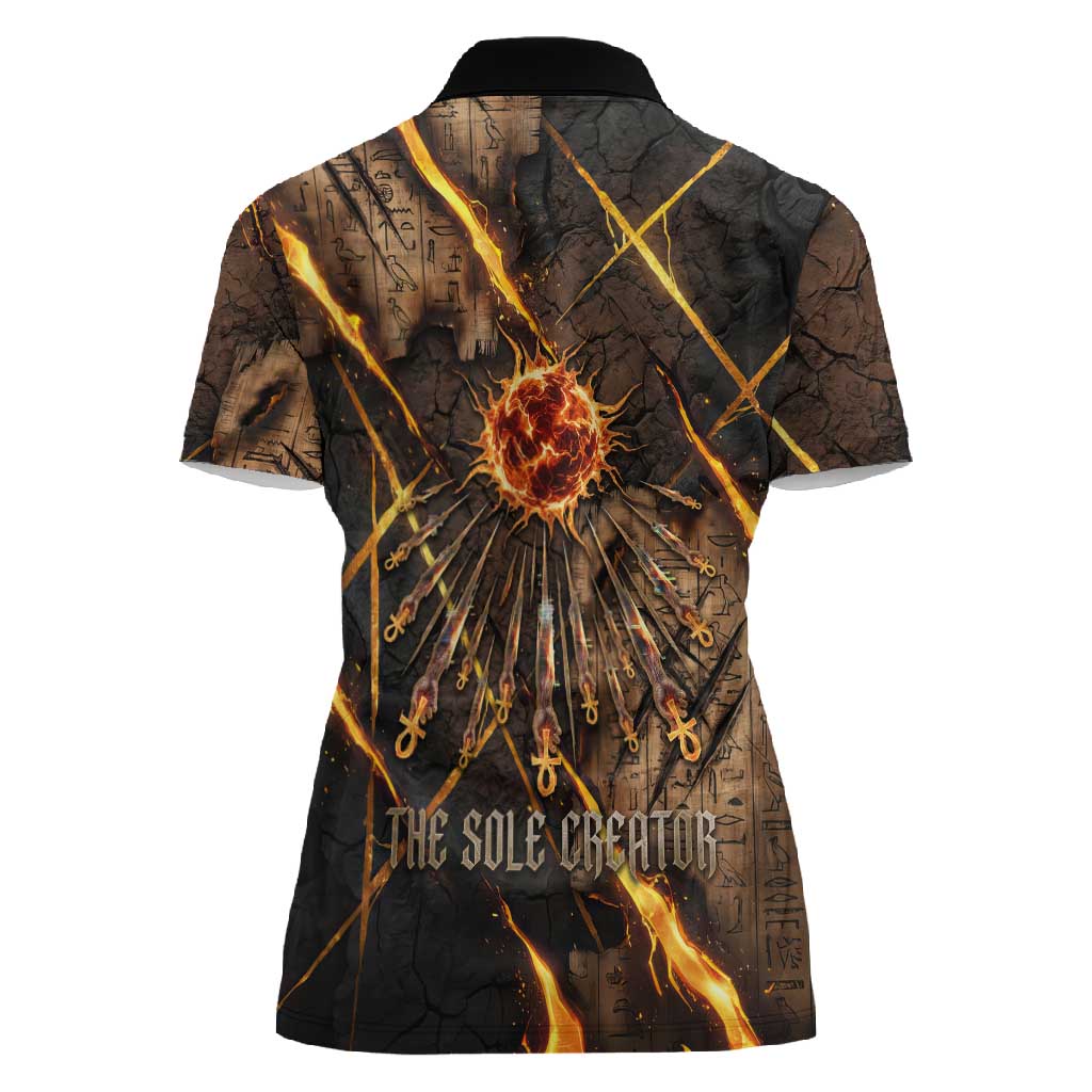 Aten Women Polo Shirt Ancient Egyptian Cracked Stone Hieroglyph, Solar Eclipse Emblem, and Radiant Sunburst - Wonder Print Shop