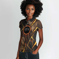 Aten Women Polo Shirt Ancient Egyptian Cracked Stone Hieroglyph, Solar Eclipse Emblem, and Radiant Sunburst - Wonder Print Shop