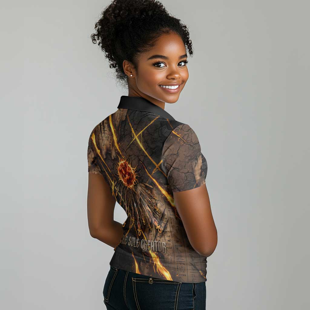 Aten Women Polo Shirt Ancient Egyptian Cracked Stone Hieroglyph, Solar Eclipse Emblem, and Radiant Sunburst - Wonder Print Shop