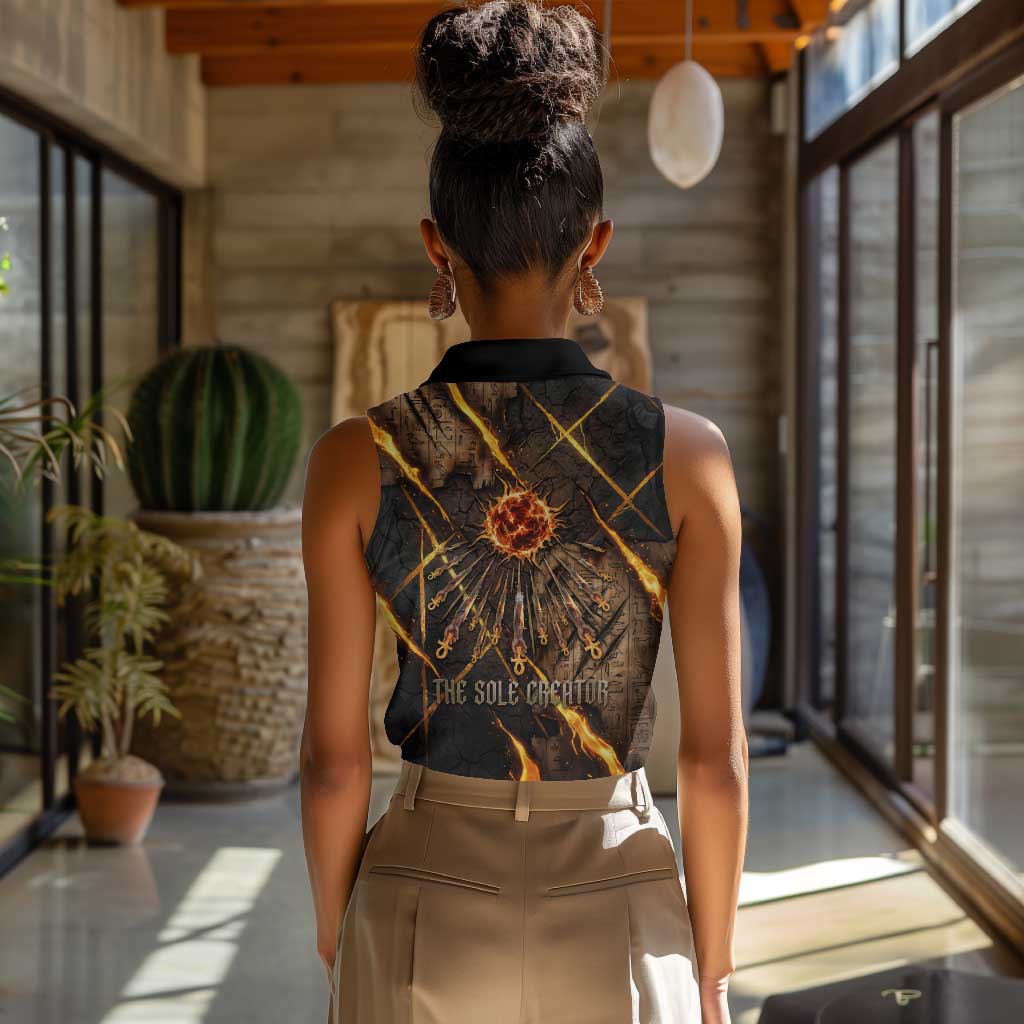 Aten Women Sleeveless Polo Shirt Ancient Egyptian Cracked Stone Hieroglyph, Solar Eclipse Emblem, and Radiant Sunburst - Wonder Print Shop
