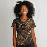 Aten Women V-Neck T-Shirt Ancient Egyptian Cracked Stone Hieroglyph, Solar Eclipse Emblem, and Radiant Sunburst - Wonder Print Shop