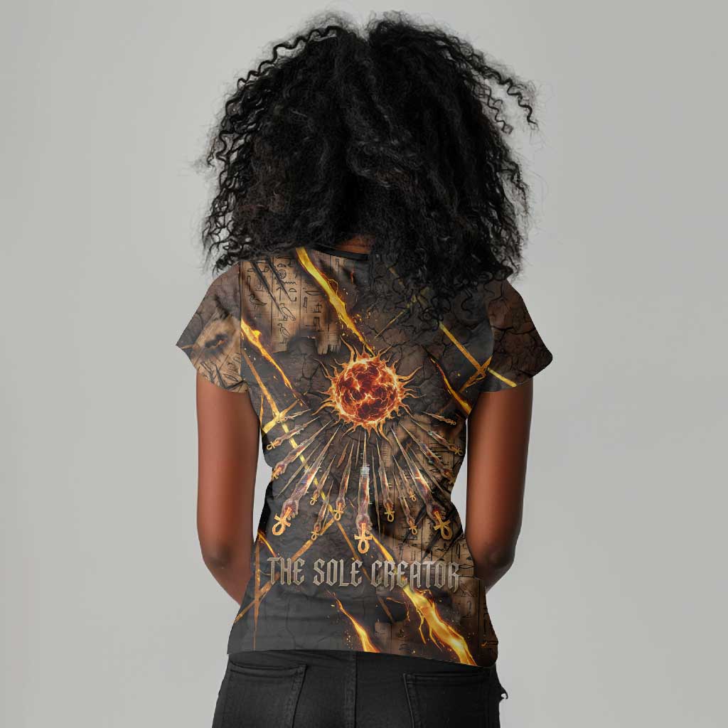 Aten Women V-Neck T-Shirt Ancient Egyptian Cracked Stone Hieroglyph, Solar Eclipse Emblem, and Radiant Sunburst - Wonder Print Shop
