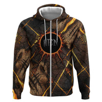 Aten Zip Hoodie Ancient Egyptian Cracked Stone Hieroglyph, Solar Eclipse Emblem, and Radiant Sunburst - Wonder Print Shop