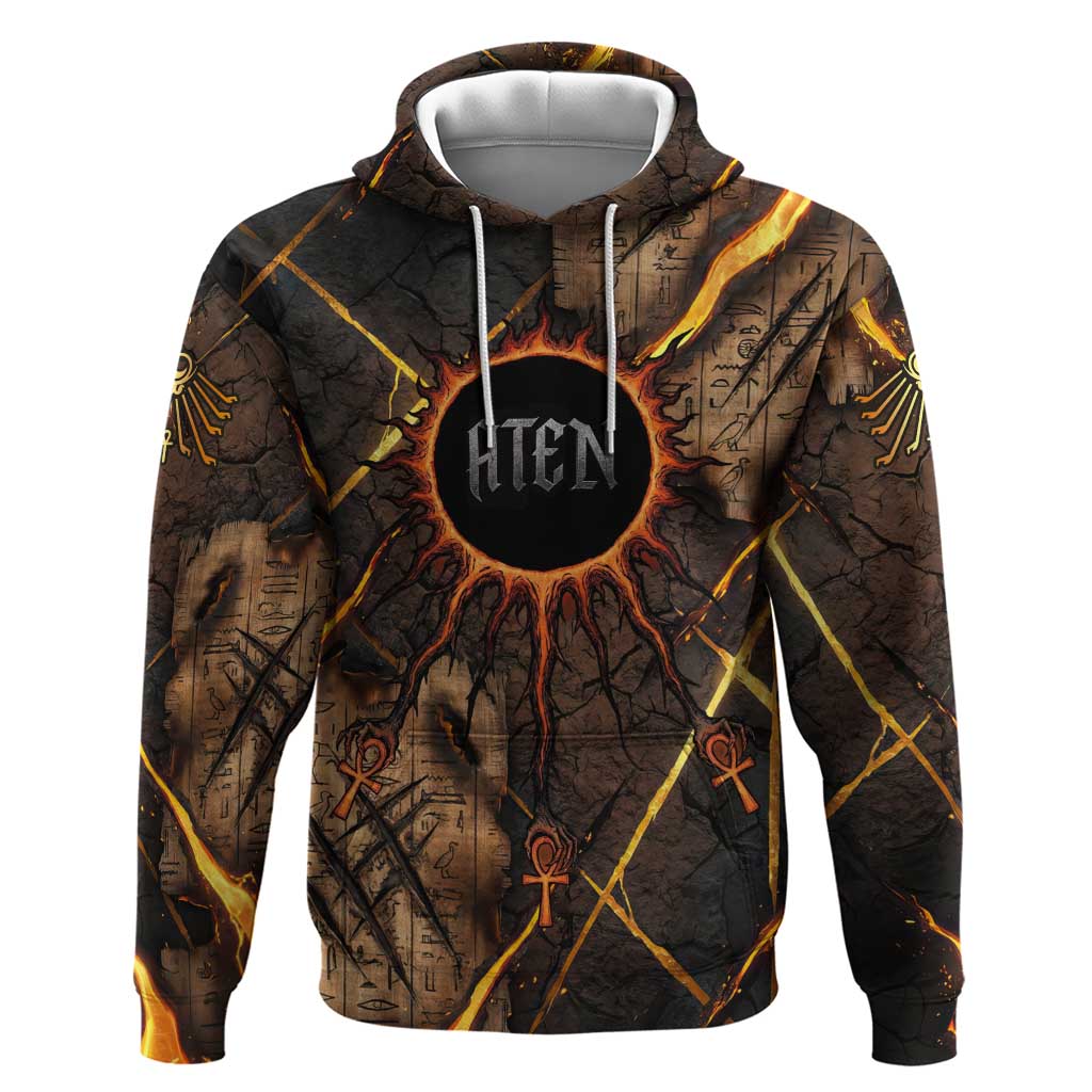 Aten Zip Hoodie Ancient Egyptian Cracked Stone Hieroglyph, Solar Eclipse Emblem, and Radiant Sunburst - Wonder Print Shop
