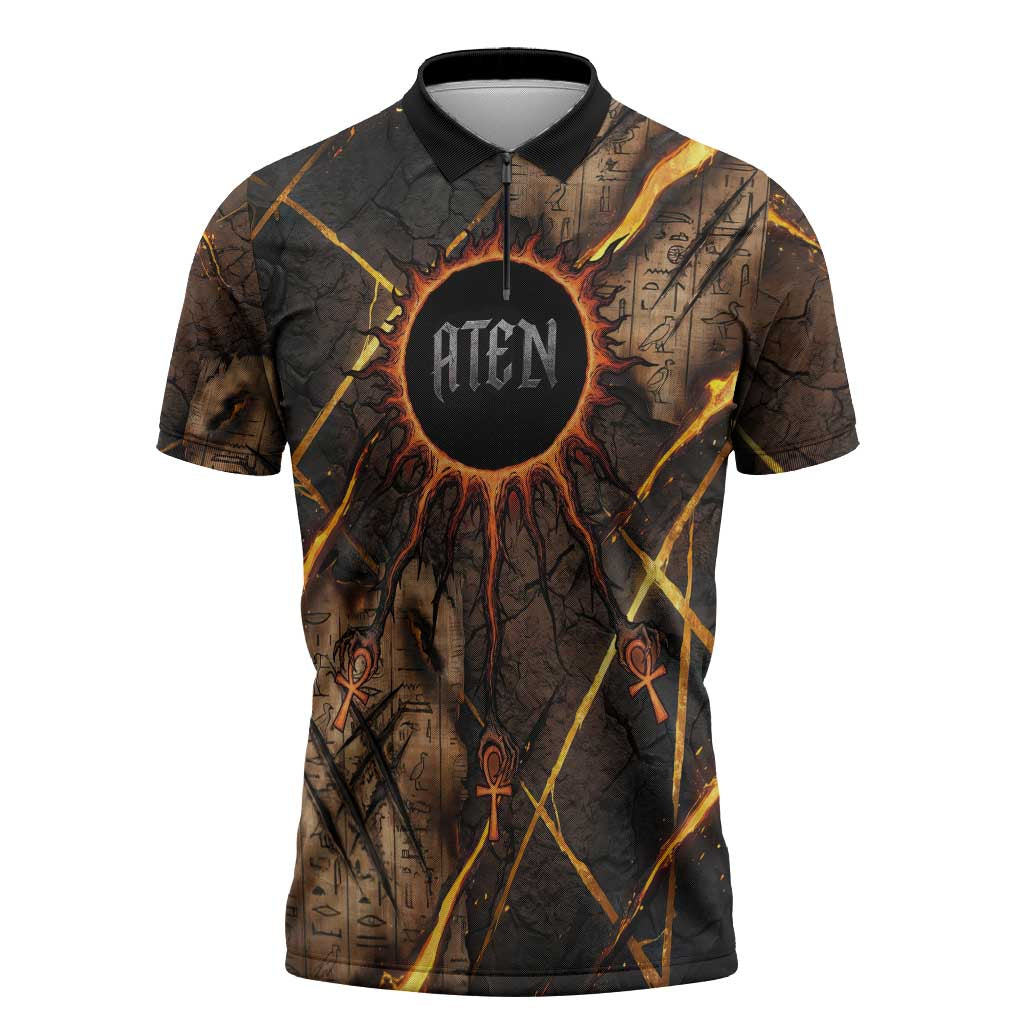 Aten Zipper Polo Shirt Ancient Egyptian Cracked Stone Hieroglyph, Solar Eclipse Emblem, and Radiant Sunburst - Wonder Print Shop