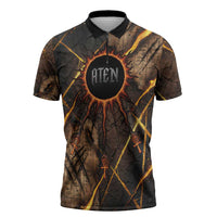 Aten Zipper Polo Shirt Ancient Egyptian Cracked Stone Hieroglyph, Solar Eclipse Emblem, and Radiant Sunburst - Wonder Print Shop
