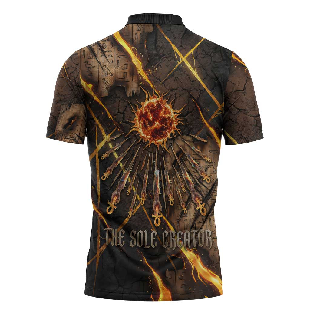 Aten Zipper Polo Shirt Ancient Egyptian Cracked Stone Hieroglyph, Solar Eclipse Emblem, and Radiant Sunburst - Wonder Print Shop