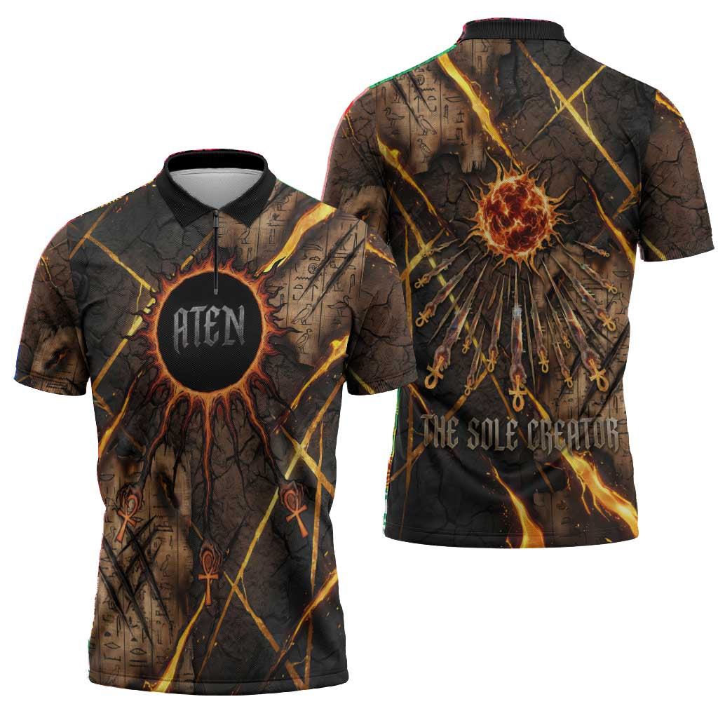 Aten Zipper Polo Shirt Ancient Egyptian Cracked Stone Hieroglyph, Solar Eclipse Emblem, and Radiant Sunburst - Wonder Print Shop
