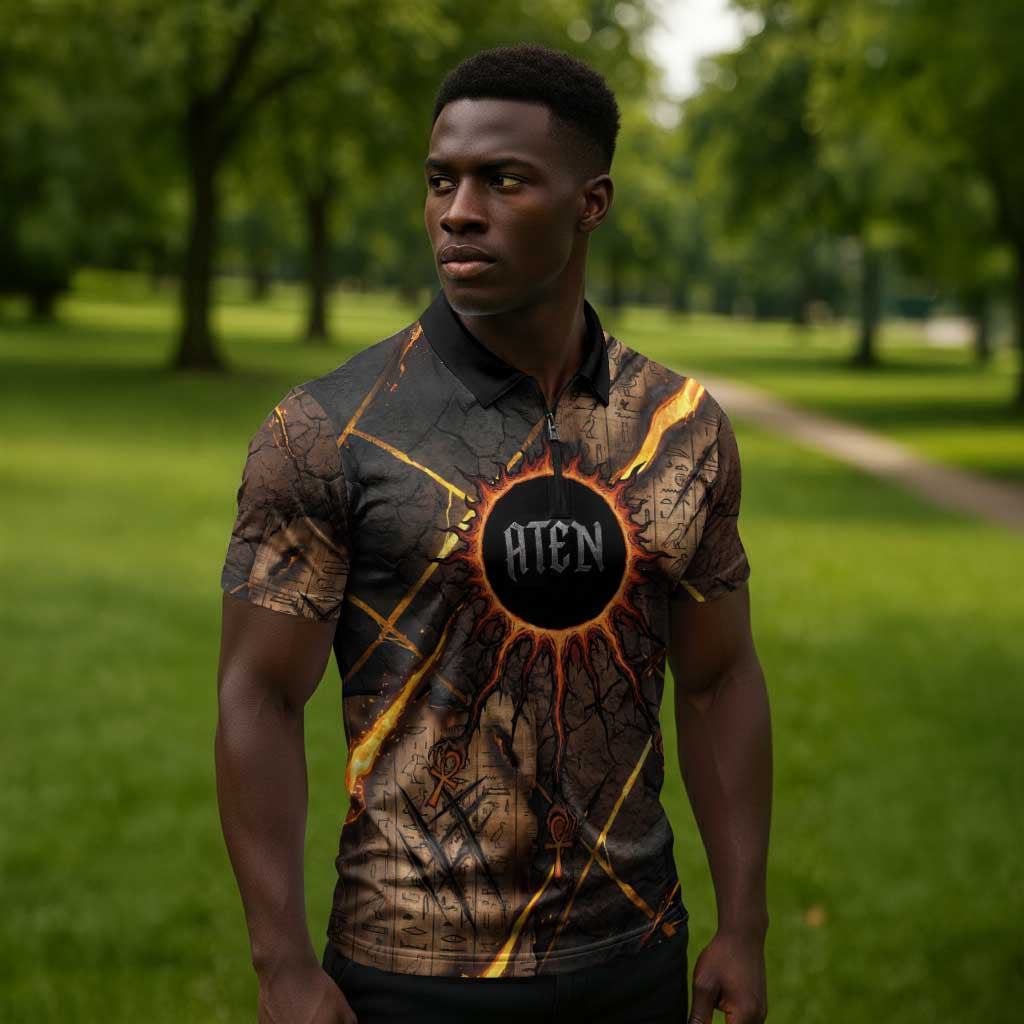 Aten Zipper Polo Shirt Ancient Egyptian Cracked Stone Hieroglyph, Solar Eclipse Emblem, and Radiant Sunburst - Wonder Print Shop